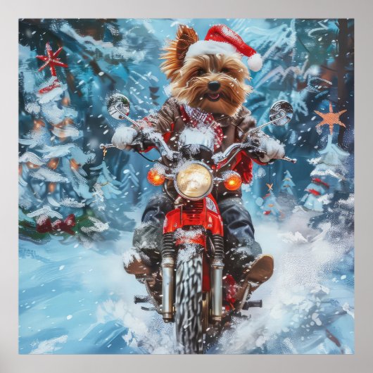 Biewer Terrier Hond Rijden Motorfiets Kerstmis Poster (Voorkant)