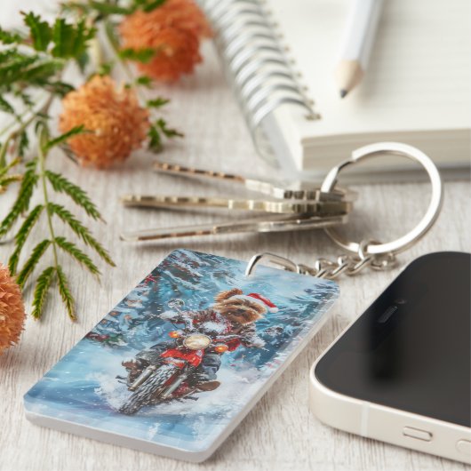 Biewer Terrier Hond Rijden Motorfiets Kerstmis Sleutelhanger (Voorkant Rechts)