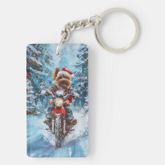 Biewer Terrier Hond Rijden Motorfiets Kerstmis Sleutelhanger (achterkant)