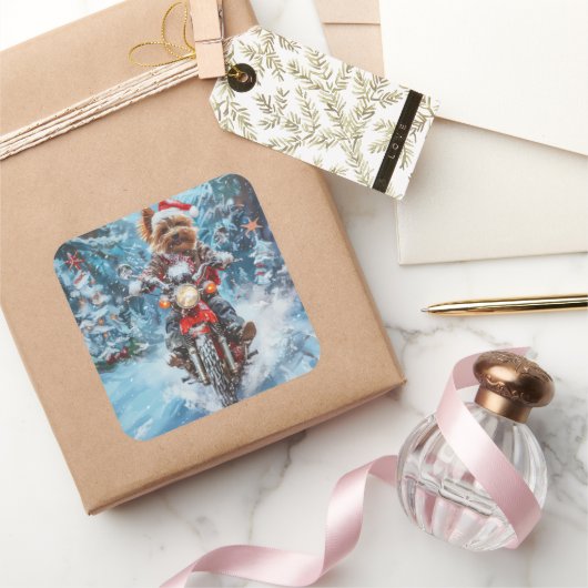 Biewer Terrier Hond Rijden Motorfiets Kerstmis Vierkante Sticker (Geschenken)