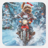 Biewer Terrier Hond Rijden Motorfiets Kerstmis Vierkante Sticker (Voorkant)