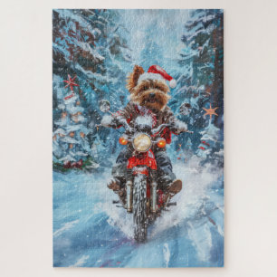 Biewer Terrier-hond rijdt op motorfiets met Kerstm Legpuzzel