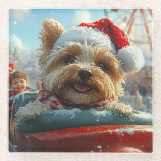 Biewer Terrier-hond Roller Coaster Kerstmis Glazen Onderzetter (Voorkant)