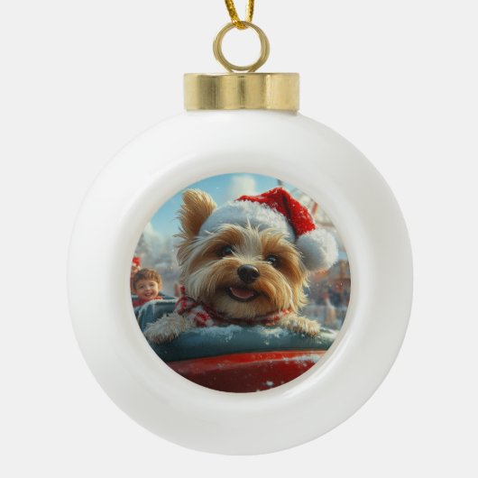 Biewer Terrier-hond Roller Coaster Kerstmis Keramische Bal Ornament (Voorkant)
