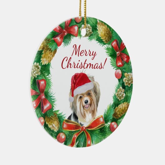 Biewer Terrier-hond vrolijk kerstfeest Keramisch Ornament (Rechts)