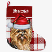 Biewer Terrier Hondenvakantie Red Plaid Dog's Name Grote Kerstsok (Voorkant)