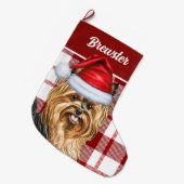 Biewer Terrier Hondenvakantie Red Plaid Dog's Name Grote Kerstsok (Voorkant (Hangend))