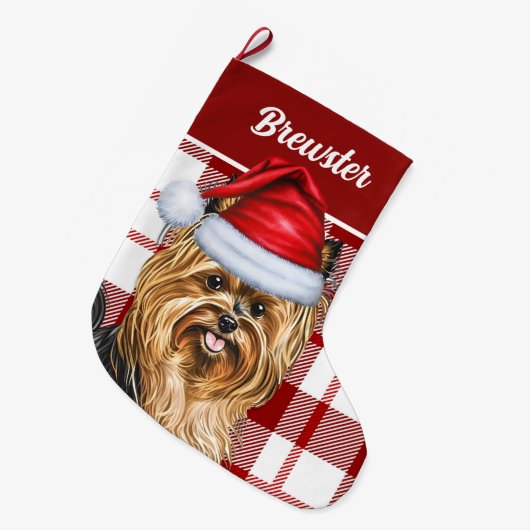 Biewer Terrier Hondenvakantie Red Plaid Dog's Name Grote Kerstsok (Voorkant (Hangend))