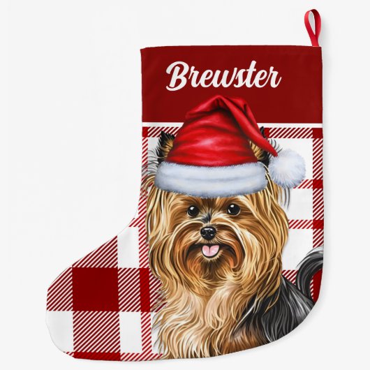 Biewer Terrier Hondenvakantie Red Plaid Dog's Name Grote Kerstsok (Achterkant)