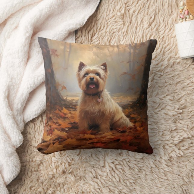 Biewer Terrier in herfstbladeren val inspireert Kussen (Deken)