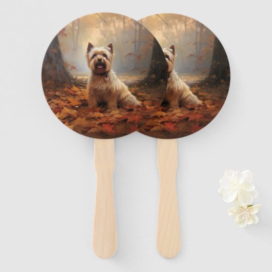 Biewer Terrier in herfstbladeren val inspireren Handwaaier (Voorkant en achterkant)