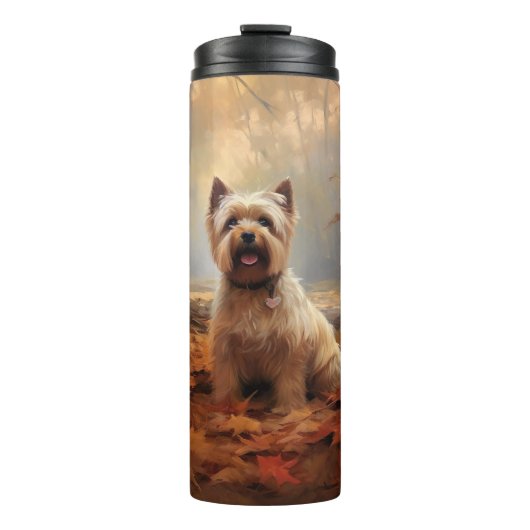 Biewer Terrier in herfstbladeren val inspireren Thermosbeker (Voorkant)