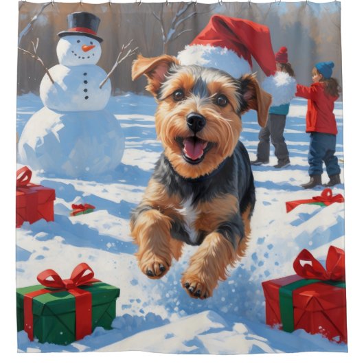 Biewer Terrier Kerst Feestelijke Sneeuwscène Douchegordijn (Voorkant)