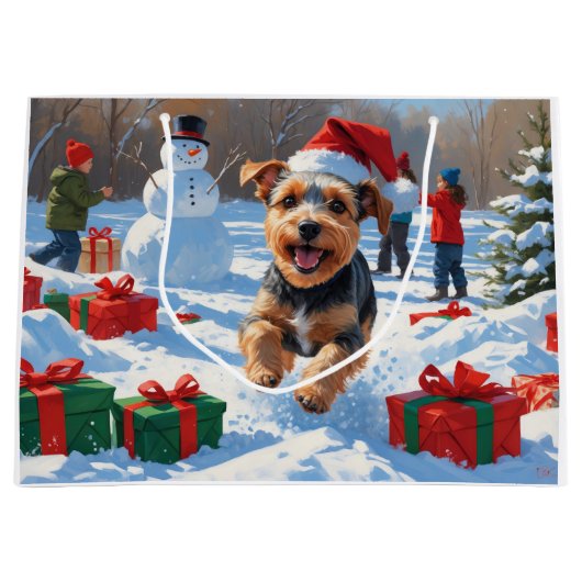 Biewer Terrier Kerst Feestelijke Sneeuwscène Groot Cadeauzakje (Voorkant)