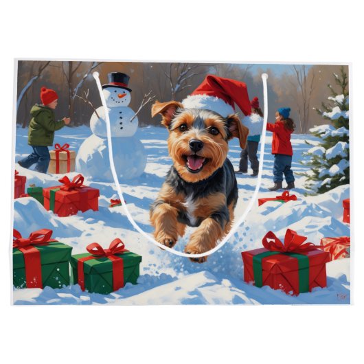 Biewer Terrier Kerst Feestelijke Sneeuwscène Groot Cadeauzakje (Achterkant)