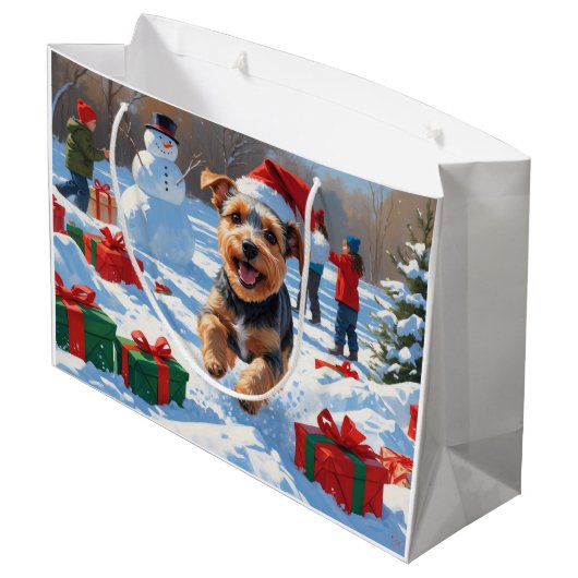Biewer Terrier Kerst Feestelijke Sneeuwscène Groot Cadeauzakje (Achterkant Gekanteld)