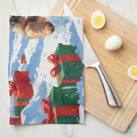 Biewer Terrier Kerst Feestelijke Sneeuwscène Theedoek (Quarter Fold)