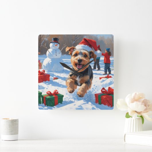Biewer Terrier Kerst Feestelijke Sneeuwscène Vierkante Klok (Huis)