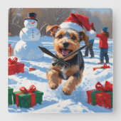 Biewer Terrier Kerst Feestelijke Sneeuwscène Vierkante Klok (Voorkant)