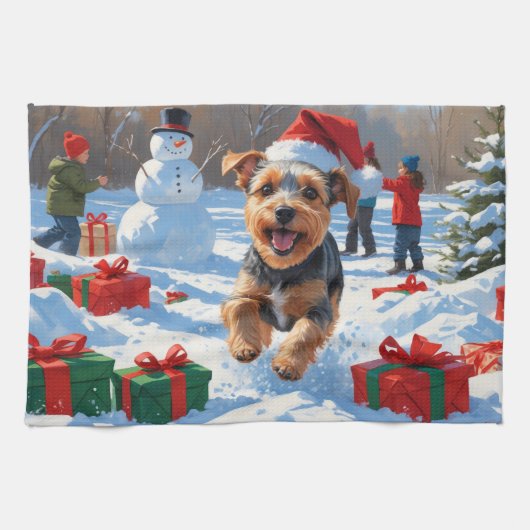 Biewer Terrier Kerst Sneeuwscène  Theedoek (Horizontaal)
