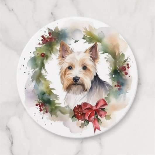 Biewer Terrier Kerstkrans Feestelijke Pup Bedankjes Labels (Voorkant)