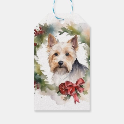 Biewer Terrier Kerstkrans Feestelijke Pup Cadeaulabel (Achterkant)