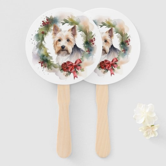 Biewer Terrier Kerstkrans Feestelijke Pup Handwaaier (Voorkant en achterkant)