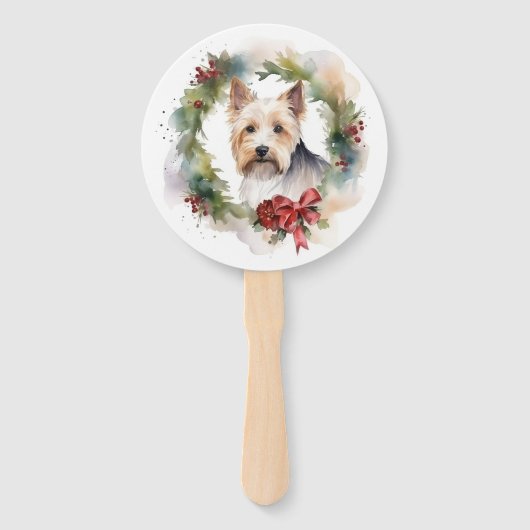 Biewer Terrier Kerstkrans Feestelijke Pup Handwaaier (Voorkant)