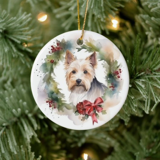 Biewer Terrier Kerstkrans Feestelijke Pup Keramisch Ornament (Boom)