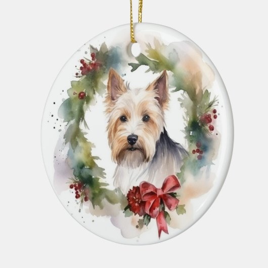 Biewer Terrier Kerstkrans Feestelijke Pup Keramisch Ornament (Links)