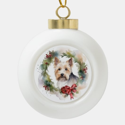 Biewer Terrier Kerstkrans Feestelijke Pup Keramische Bal Ornament (Voorkant)