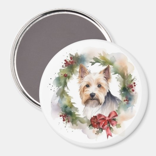 Biewer Terrier Kerstkrans Feestelijke Pup Magneet (Voorkant / Achterkant)