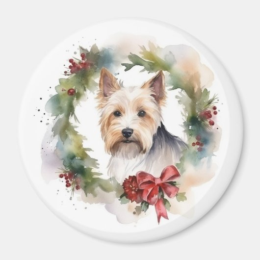 Biewer Terrier Kerstkrans Feestelijke Pup Magneet (Voorkant)