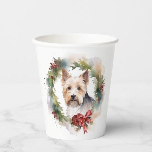 Biewer Terrier Kerstkrans Feestelijke Pup Papieren Bekers (Voorkant)