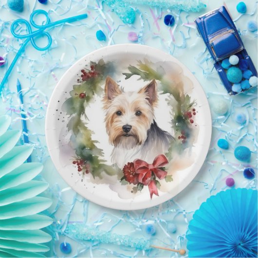 Biewer Terrier Kerstkrans Feestelijke Pup Papieren Bordje (Feest)