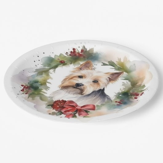 Biewer Terrier Kerstkrans Feestelijke Pup Papieren Bordje (Gekanteld)