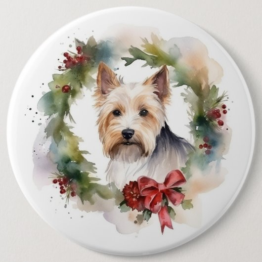 Biewer Terrier Kerstkrans Feestelijke Pup Ronde Button 6,0 Cm (Voorkant)