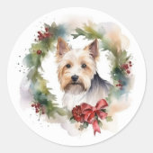 Biewer Terrier Kerstkrans Feestelijke Pup Ronde Sticker (Voorkant)
