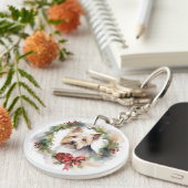 Biewer Terrier Kerstkrans Feestelijke Pup Sleutelhanger (Voorkant Rechts)