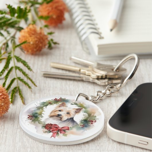 Biewer Terrier Kerstkrans Feestelijke Pup Sleutelhanger (Voorkant Rechts)