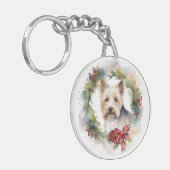 Biewer Terrier Kerstkrans Feestelijke Pup Sleutelhanger (Voorkant Links)