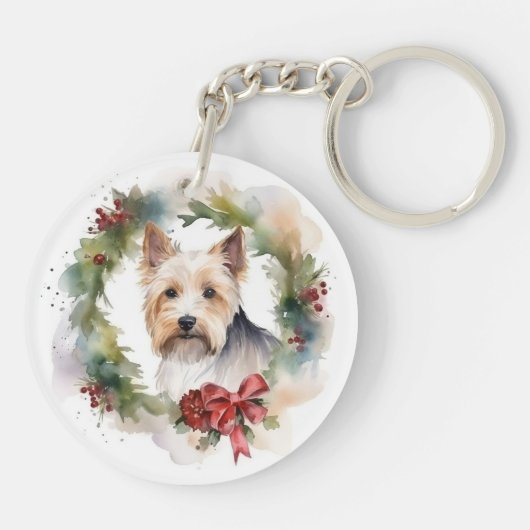 Biewer Terrier Kerstkrans Feestelijke Pup Sleutelhanger (Achterkant)