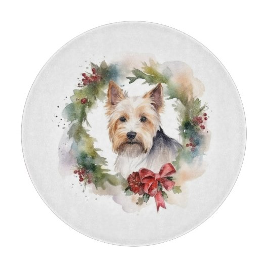Biewer Terrier Kerstkrans Feestelijke Pup Snijplank (Voorkant)