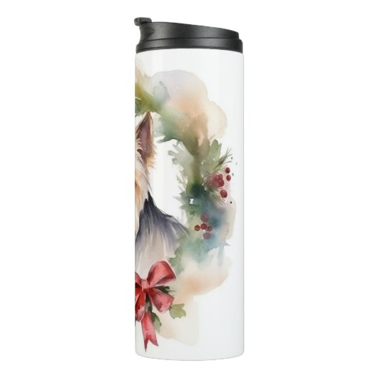 Biewer Terrier Kerstkrans Feestelijke Pup Thermosbeker (Geroteerd rechts)