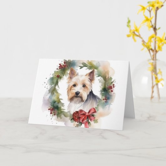 Biewer Terrier Kerstkrans Festieve Pup Kaart (Gele Bloem)