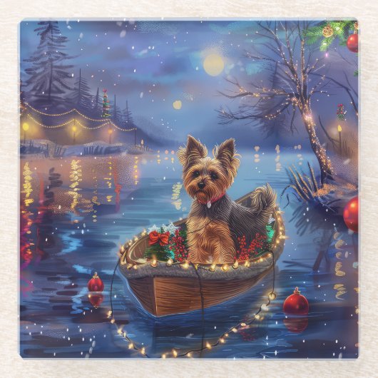 Biewer Terrier Kerstvakantie Glazen Onderzetter (Voorkant)