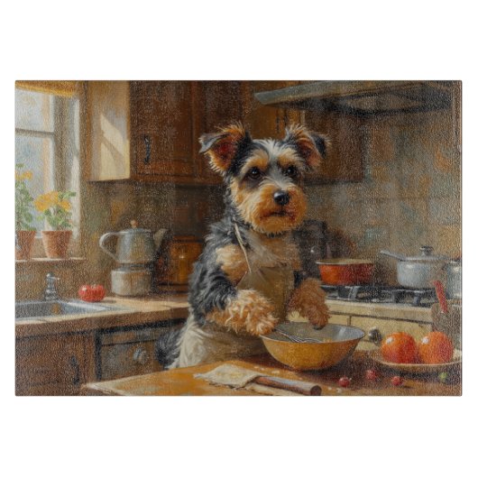 Biewer Terrier Kookt in Keuken Snijplank (Voorkant)