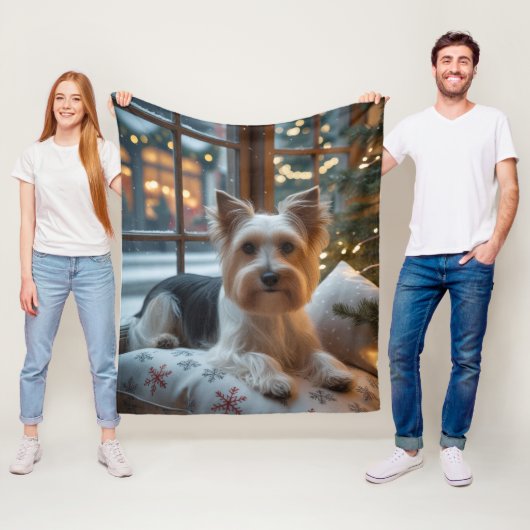 Biewer Terrier met kerstlichtjes vakantie Fleece Deken (In situ)