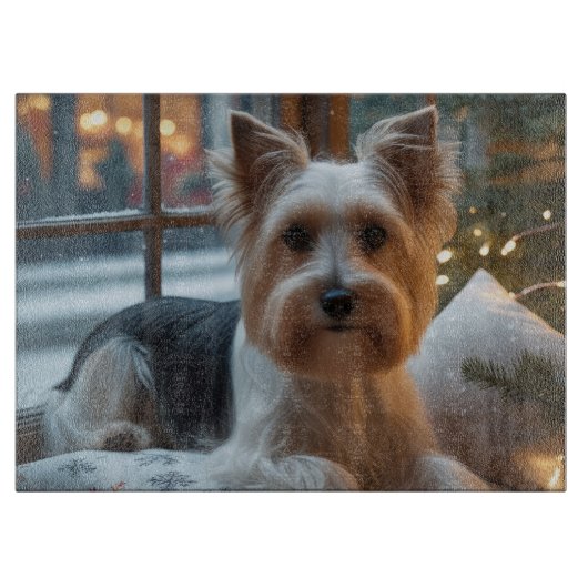 Biewer Terrier met kerstlichtjes vakantie Snijplank (Voorkant)