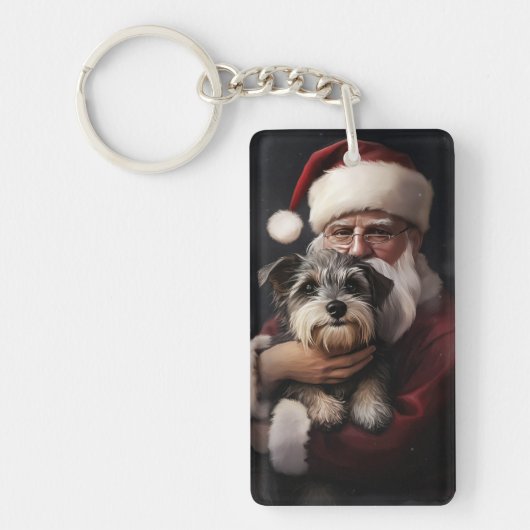 Biewer Terrier met Kerstman Festieve Kerstmis Sleutelhanger (Voorkant)